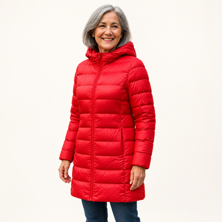 HELSA Red padded jacket on mature British model, three-quarter view