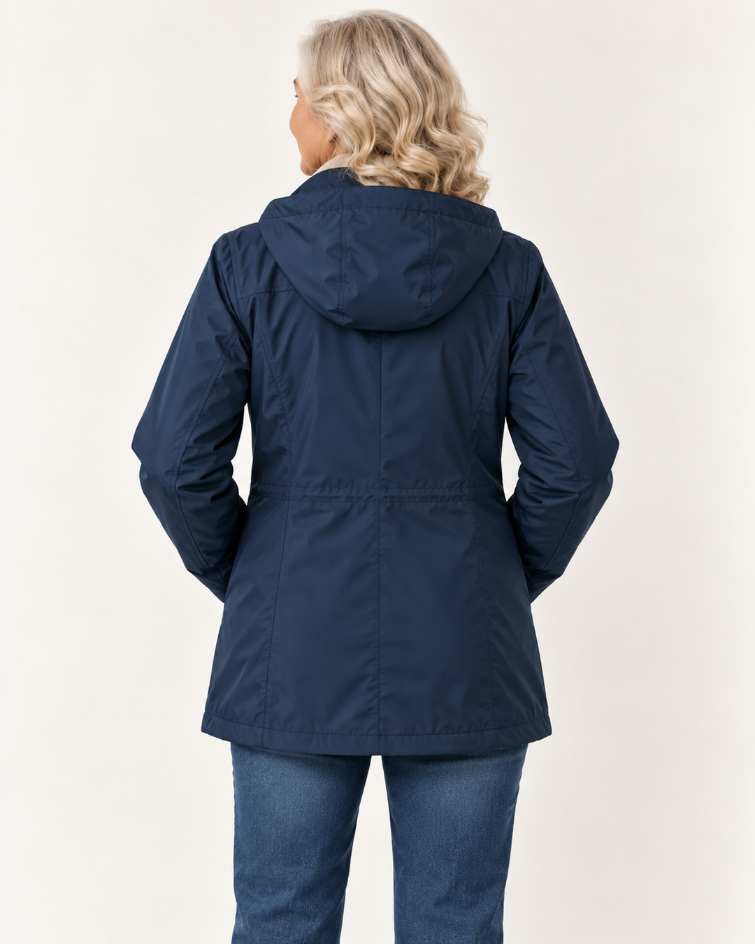 Women's Hooded Rain Jacket with Pockets — senior model — clean back