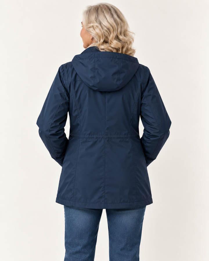 Women's Hooded Rain Jacket with Pockets — senior model — clean back