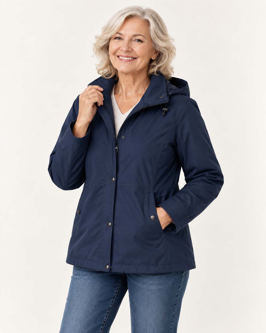 Women's Hooded Rain Jacket with Pockets — senior model — clean front
