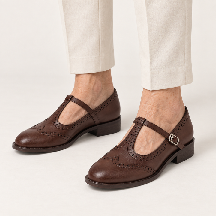 Irene brogue Mary Jane shoes in Brown worn close-up