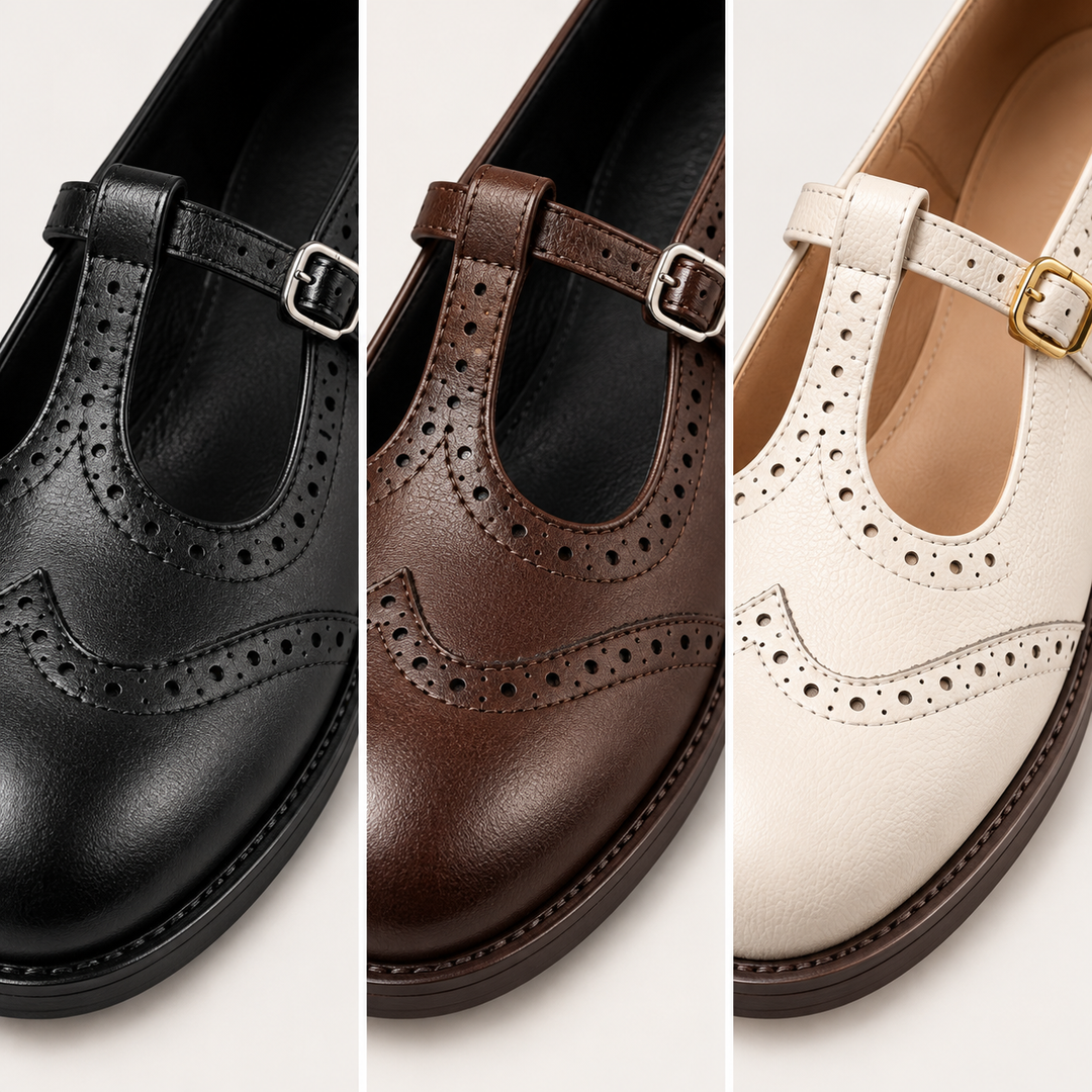 Irene Mary Jane shoes close-up of brogue detail straps and buckles