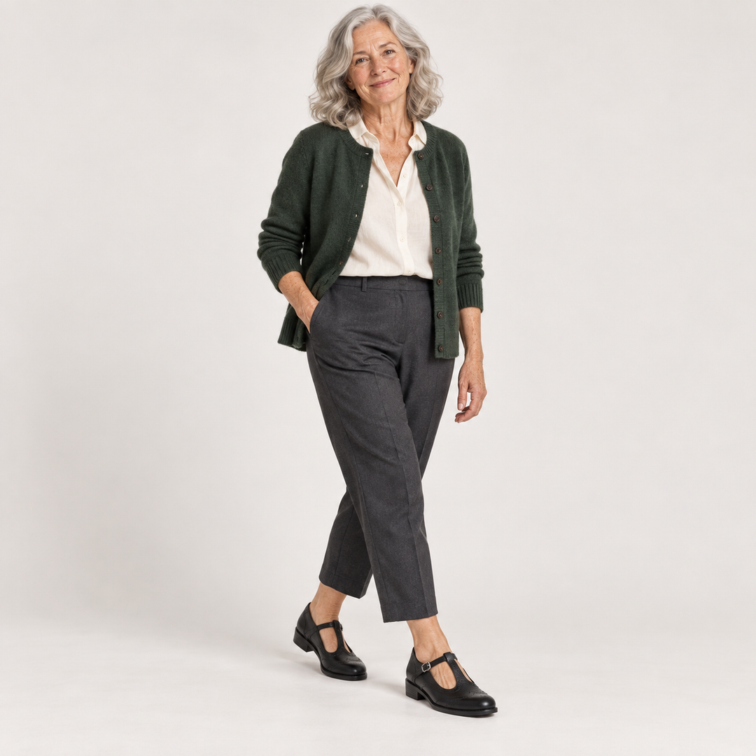 Irene Black Mary Jane shoes styled on a mature model