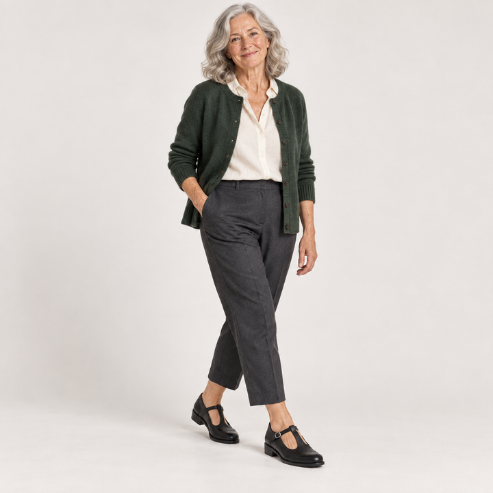 Irene Black Mary Jane shoes styled on a mature model