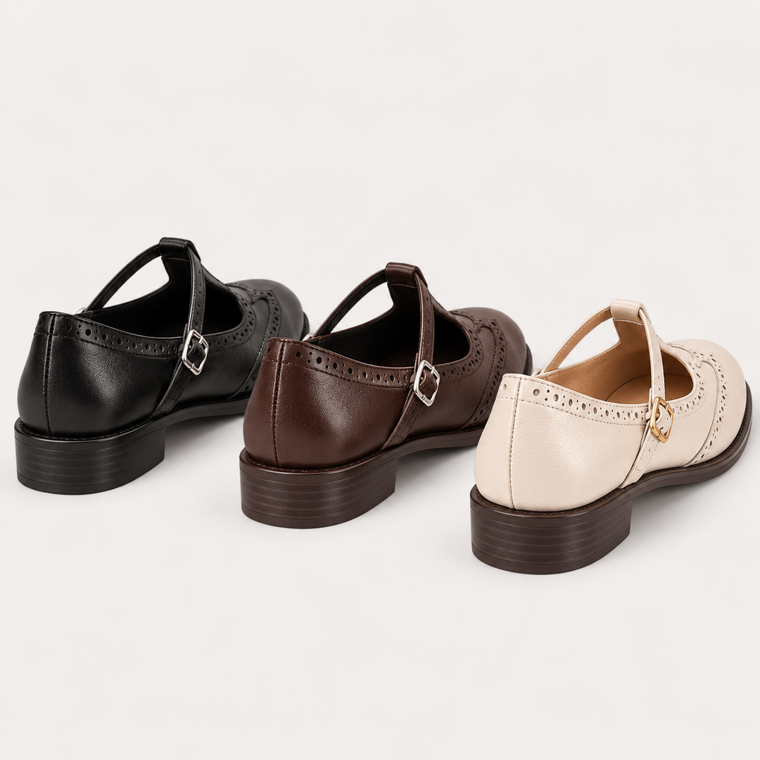 Irene Mary Jane shoes rear view in Black Brown and White