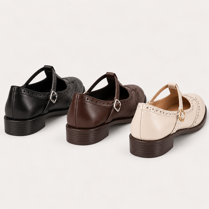 Irene Mary Jane shoes rear view in Black Brown and White