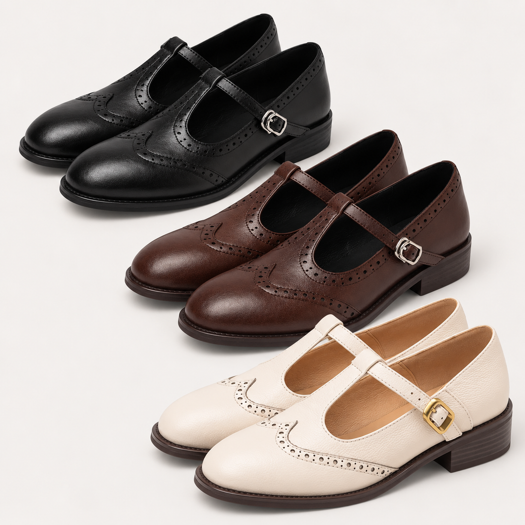 Irene Mary Jane shoes isolated in Black Brown and White