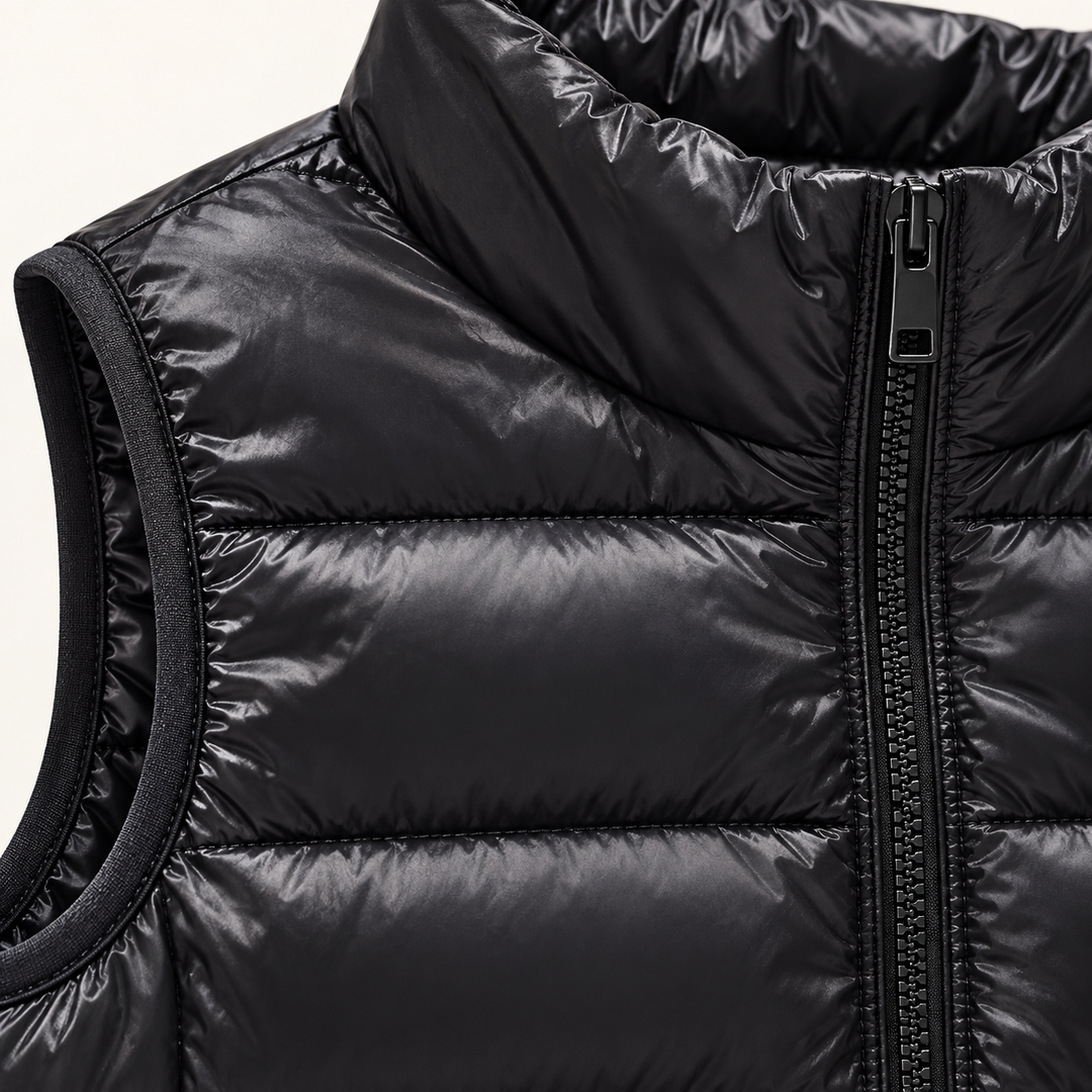 ISA Black padded gilet, fabric and quilting close-up