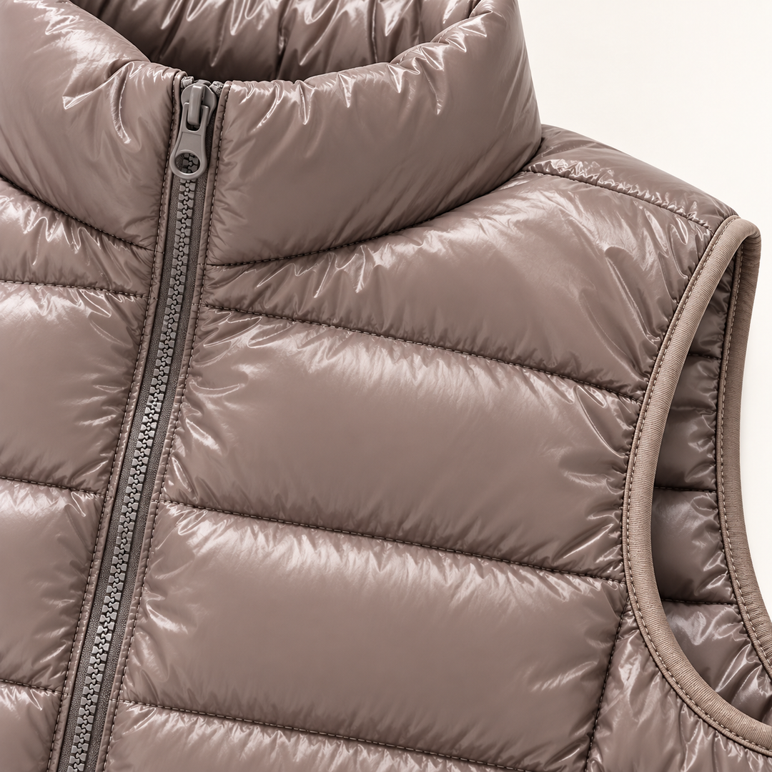 ISA Champagne padded gilet, fabric and quilting close-up