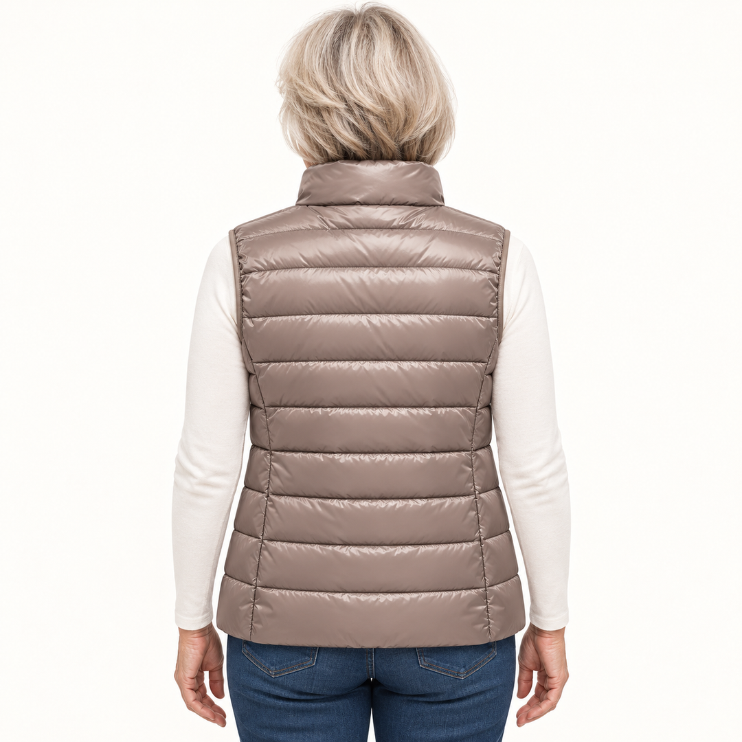 ISA Champagne padded gilet on mature model, back view