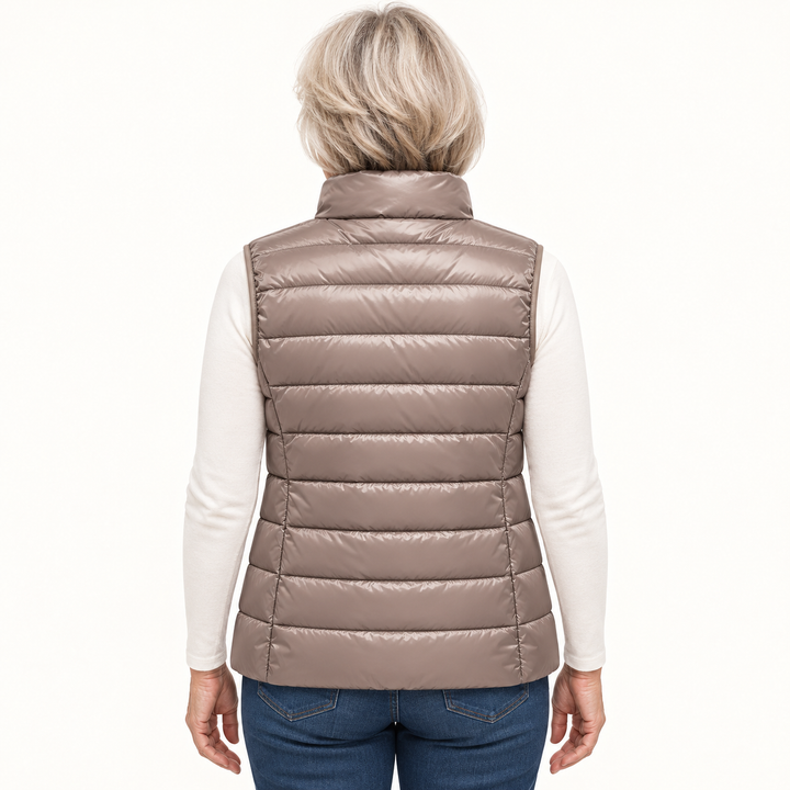 ISA Champagne padded gilet on mature model, back view
