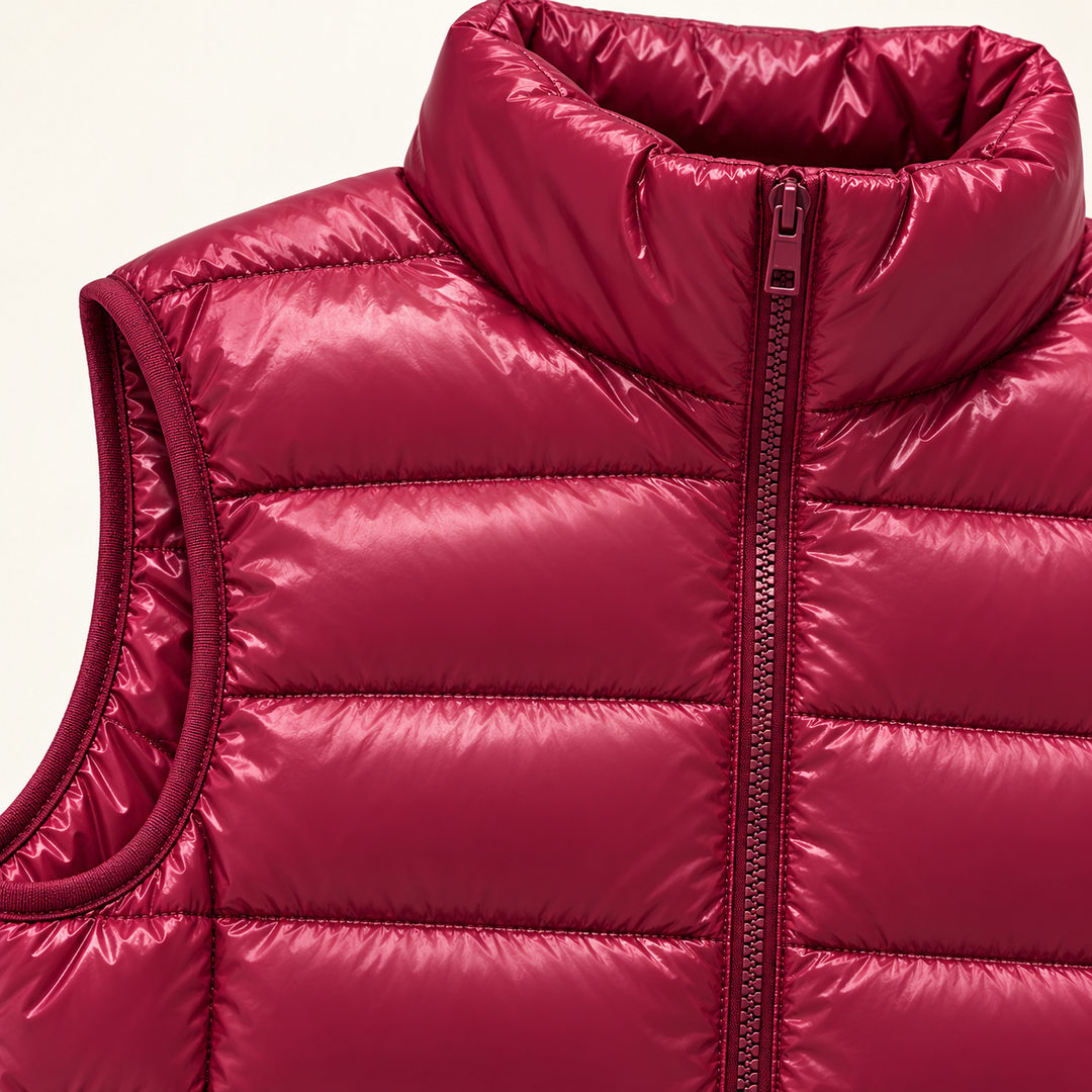 ISA Dark Red padded gilet, fabric and quilting close-up