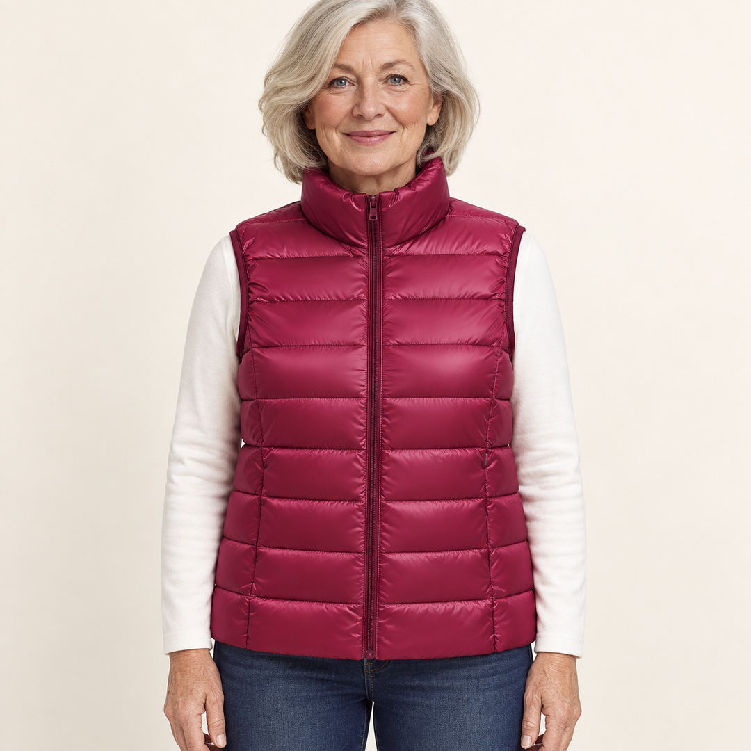 ISA Dark Red padded gilet on mature model, front view