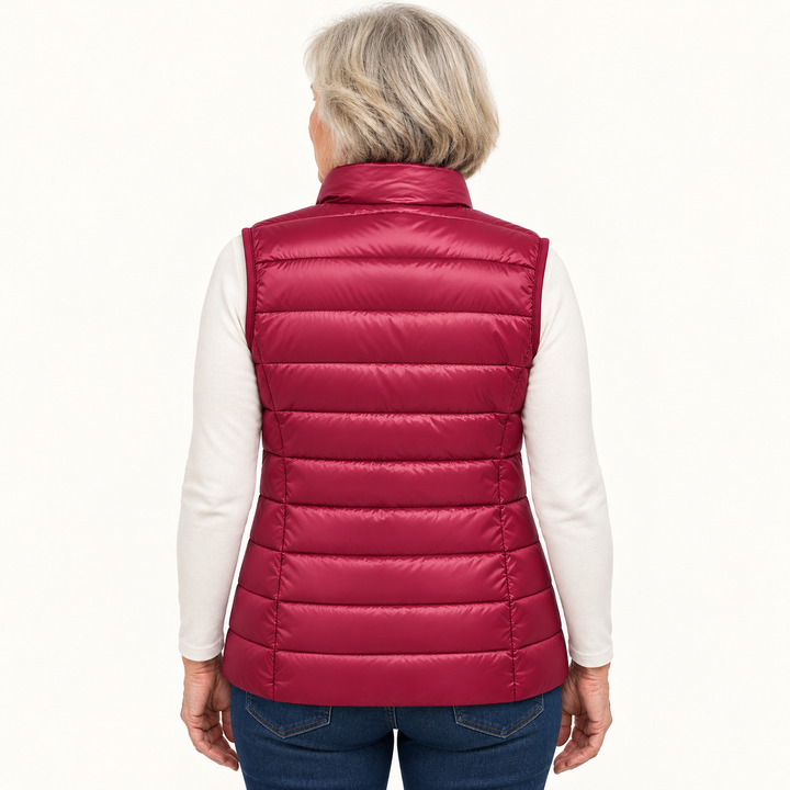 ISA Dark Red padded gilet on mature model, back view