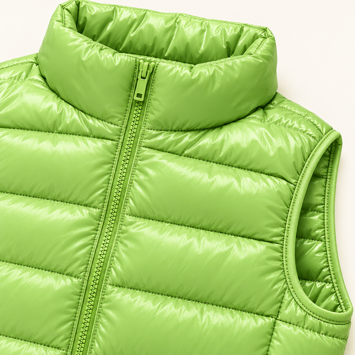 ISA Green padded gilet, fabric and quilting close-up