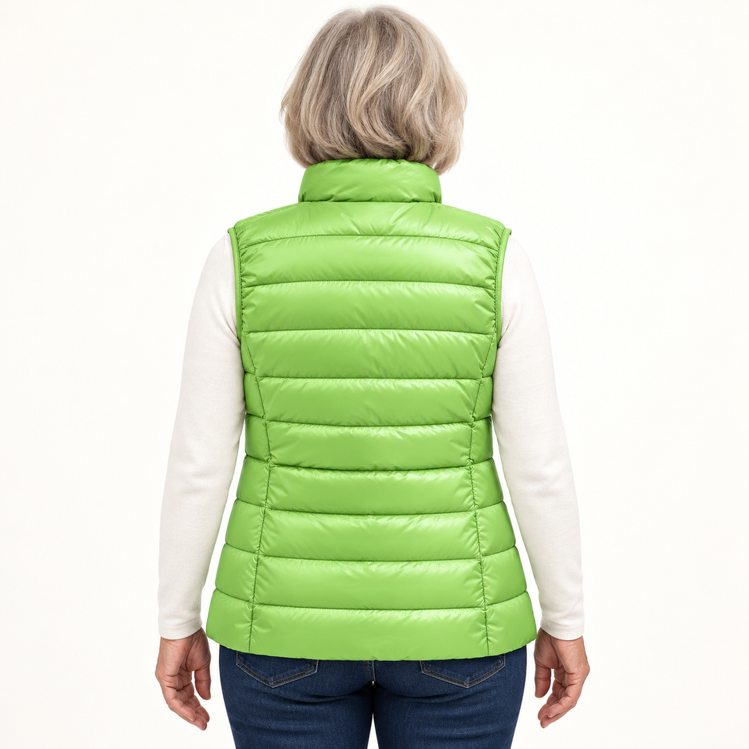 ISA Green padded gilet on mature model, back view