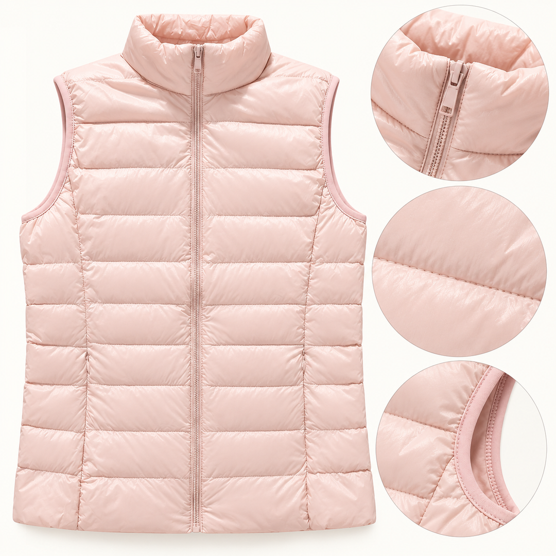 ISA Light Pink padded gilet, fabric and quilting close-up