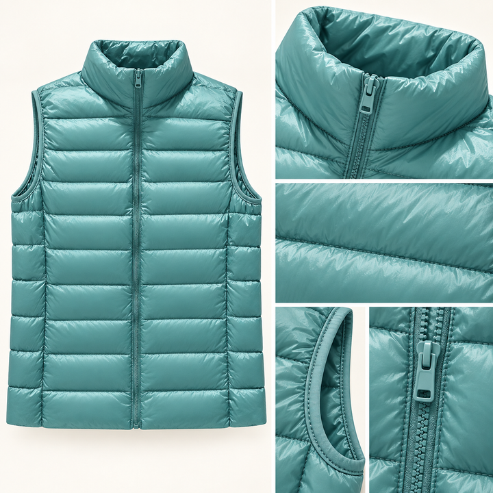 ISA Mint Green padded gilet, fabric and quilting close-up