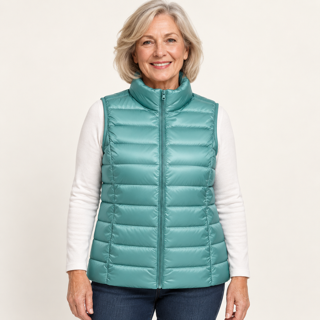 ISA Mint Green padded gilet on mature model, front view