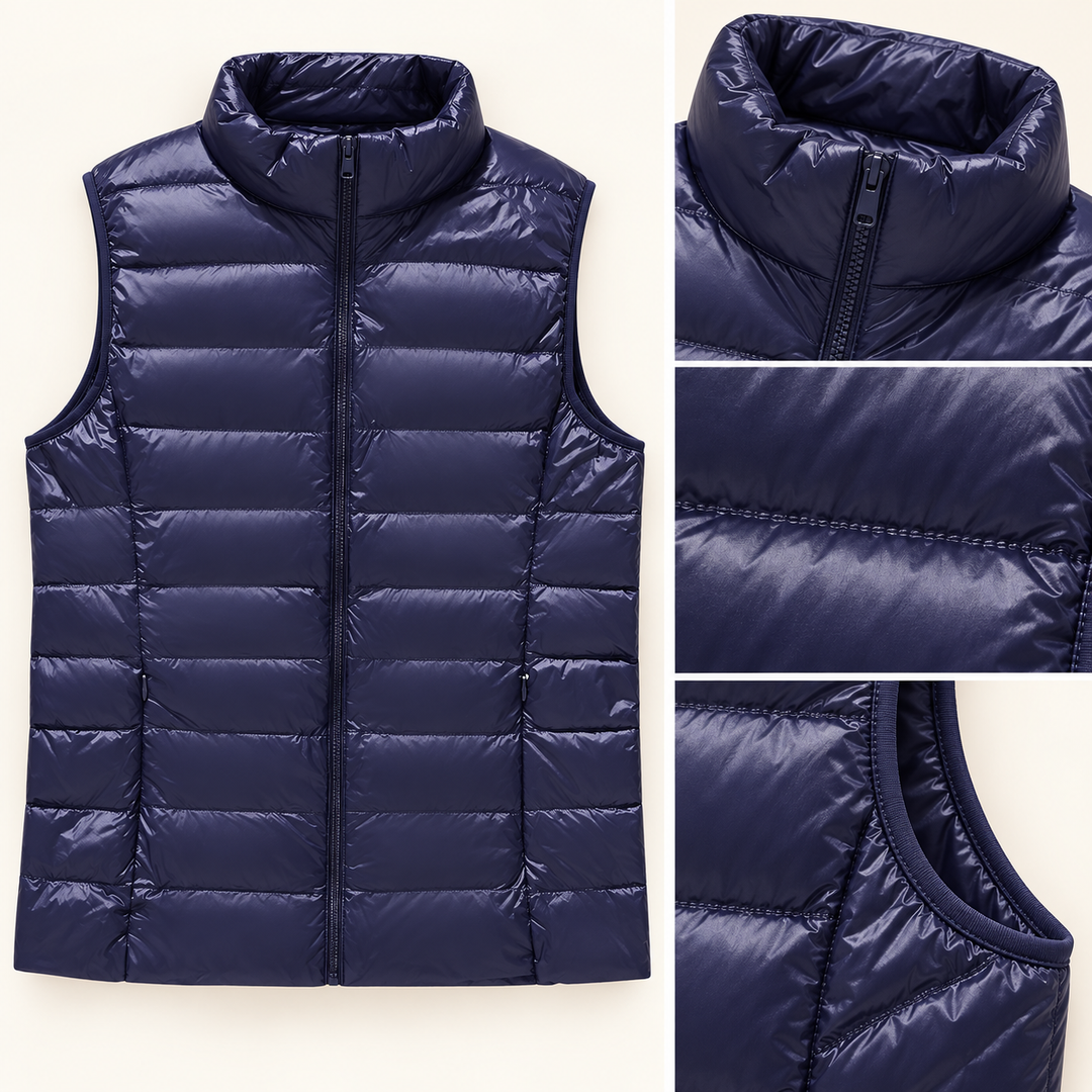ISA Navy Blue padded gilet, fabric and quilting close-up