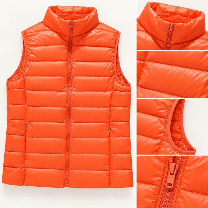 ISA Orange padded gilet, fabric and quilting close-up