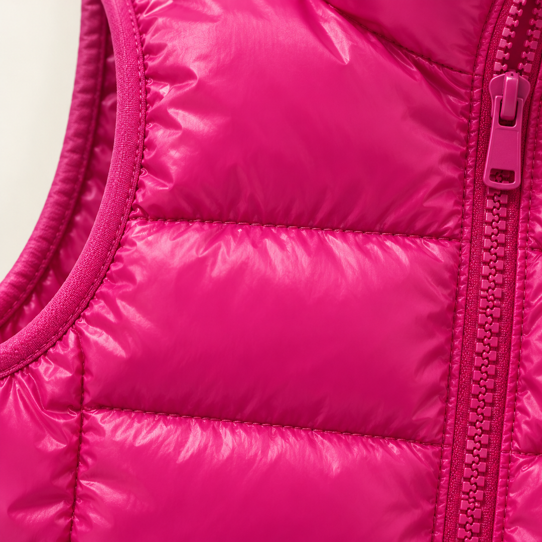 ISA Pink padded gilet, fabric and quilting close-up