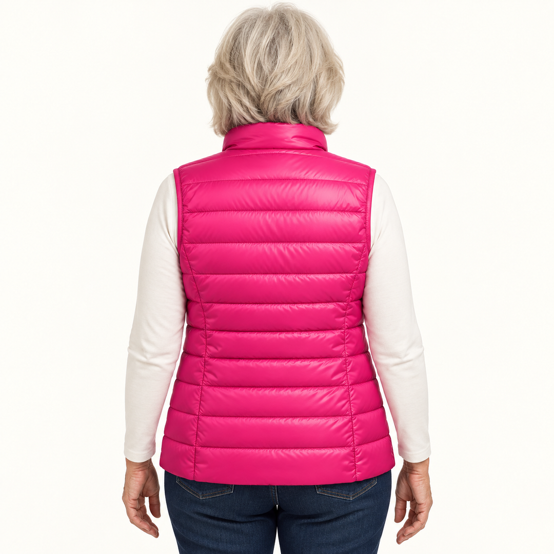 ISA Pink padded gilet on mature model, back view