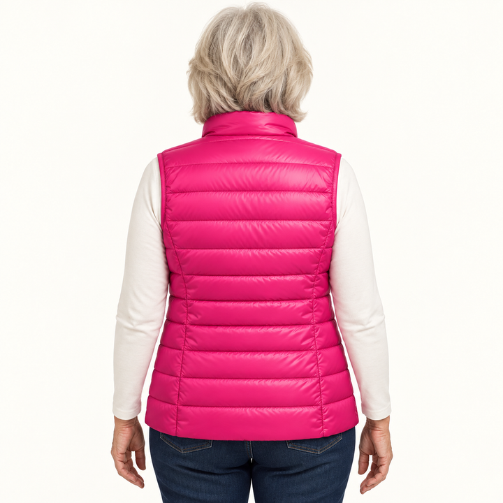 ISA Pink padded gilet on mature model, back view