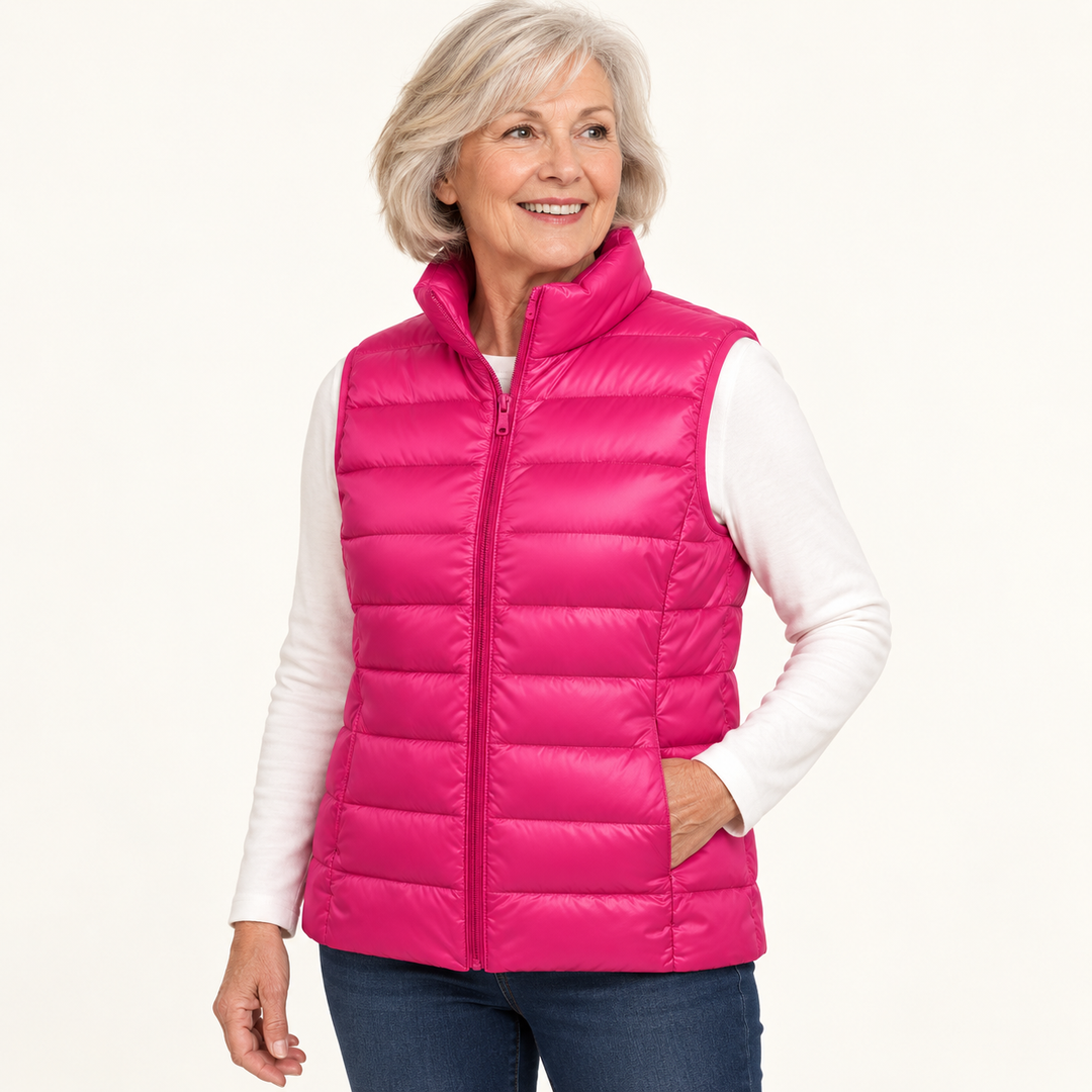 ISA Pink padded gilet on mature model, three-quarter view