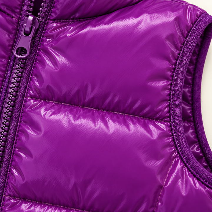 ISA Purple padded gilet, fabric and quilting close-up