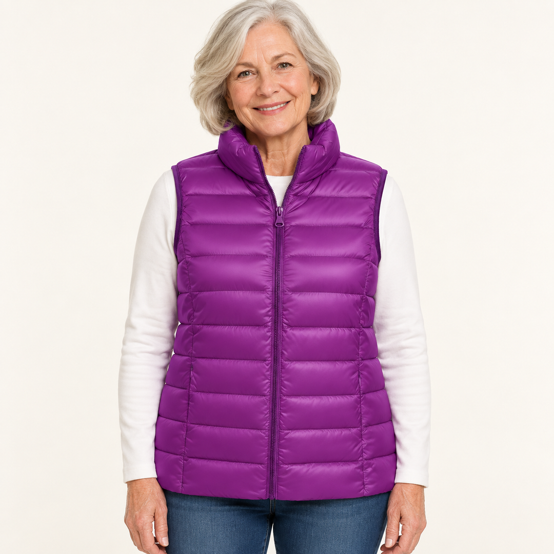 ISA Purple padded gilet on mature model, front view