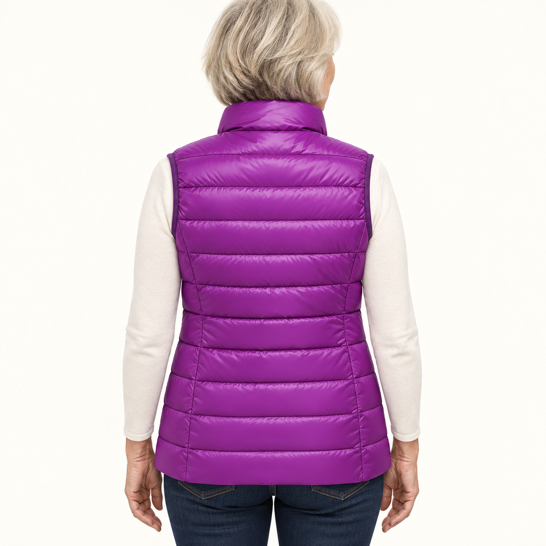 ISA Purple padded gilet on mature model, back view