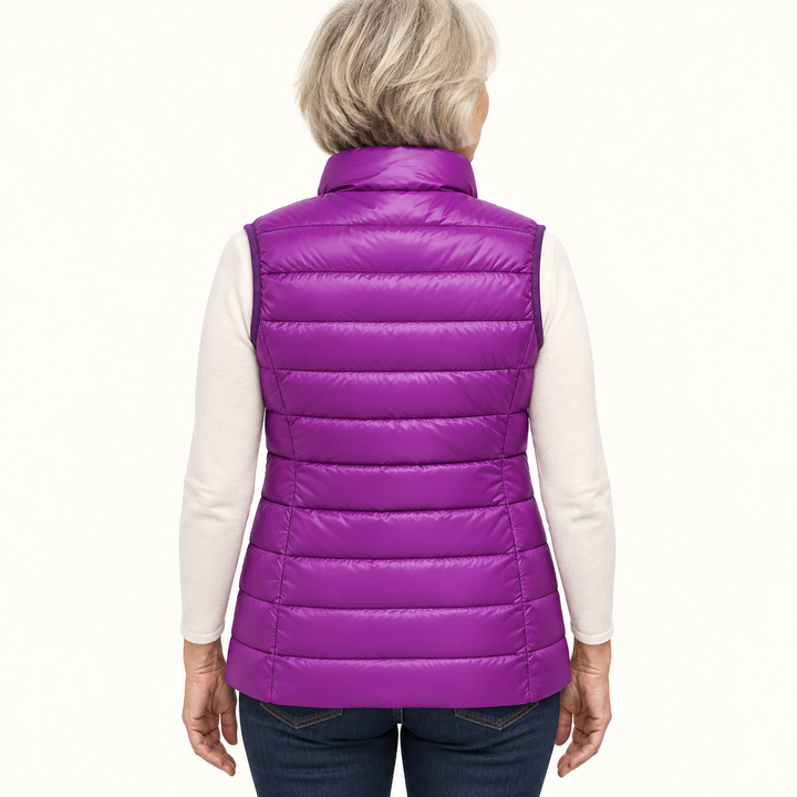 ISA Purple padded gilet on mature model, back view