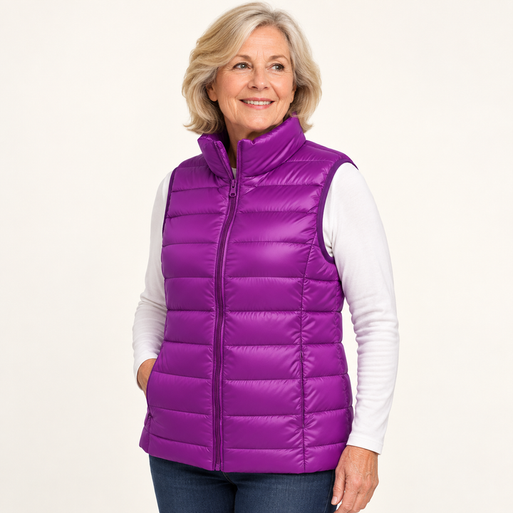ISA Purple padded gilet on mature model, three-quarter view
