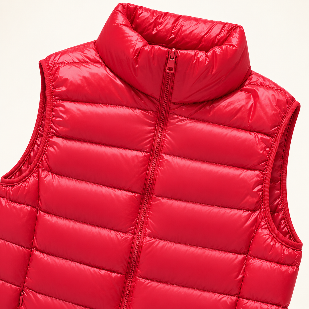 ISA Red padded gilet, fabric and quilting close-up