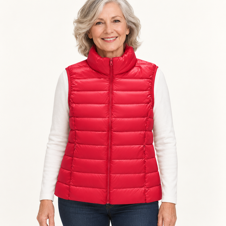 ISA Red padded gilet on mature model, front view