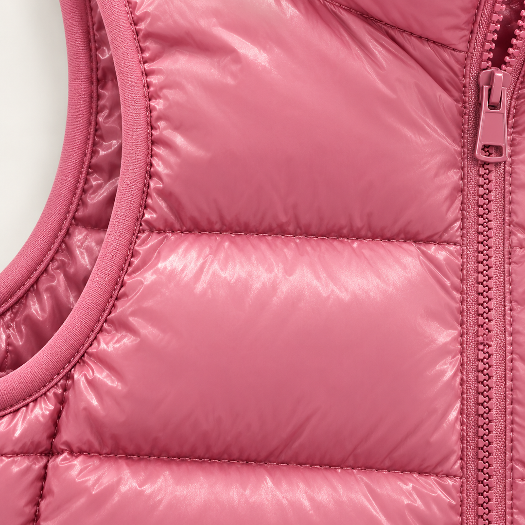 ISA Salmon padded gilet, fabric and quilting close-up