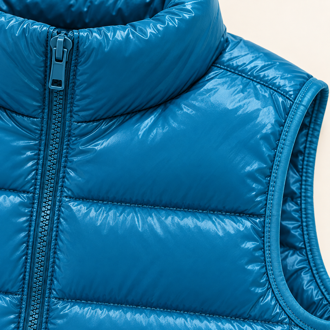 ISA Sky Blue padded gilet, fabric and quilting close-up