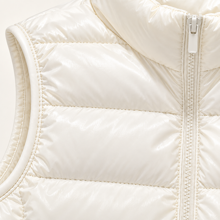 ISA White padded gilet, fabric and quilting close-up