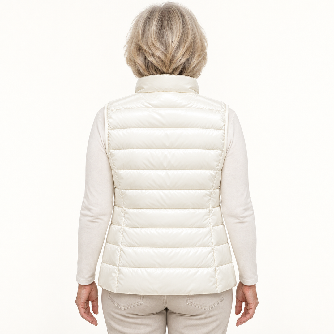 ISA White padded gilet on mature model, back view