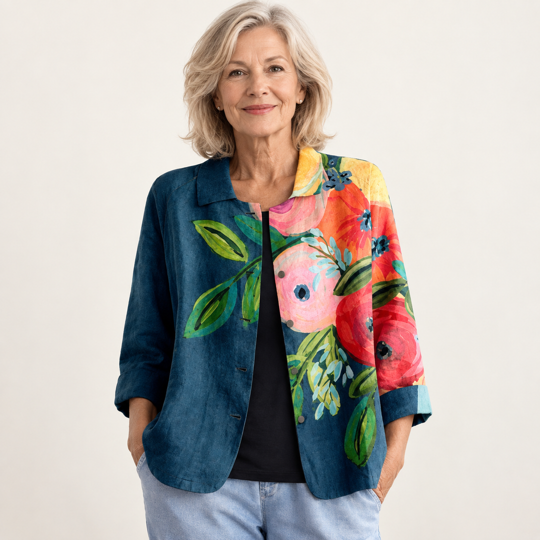 Josephine Teal Poppy Blouse front view