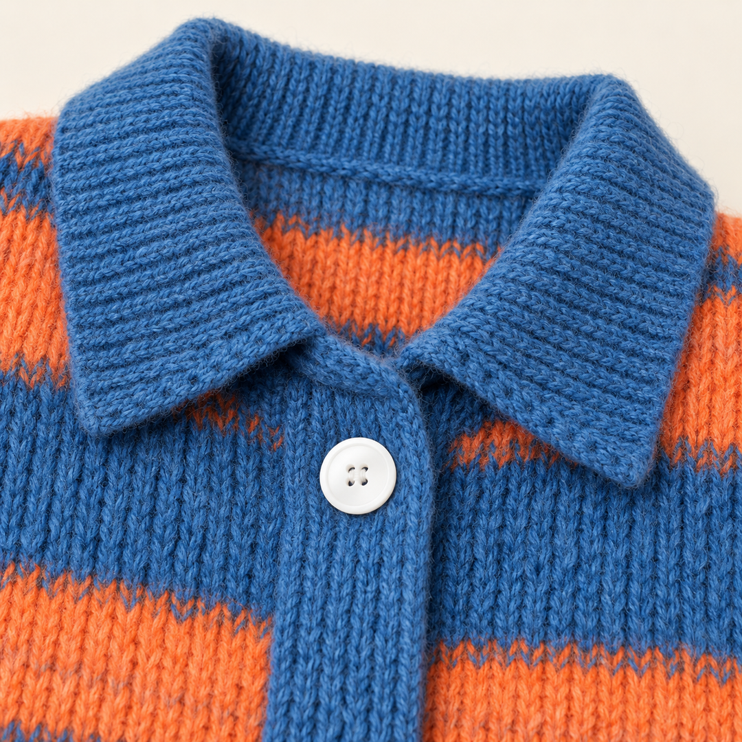 LIRENA striped knit shirt-cardigan fabric, collar and button close-up