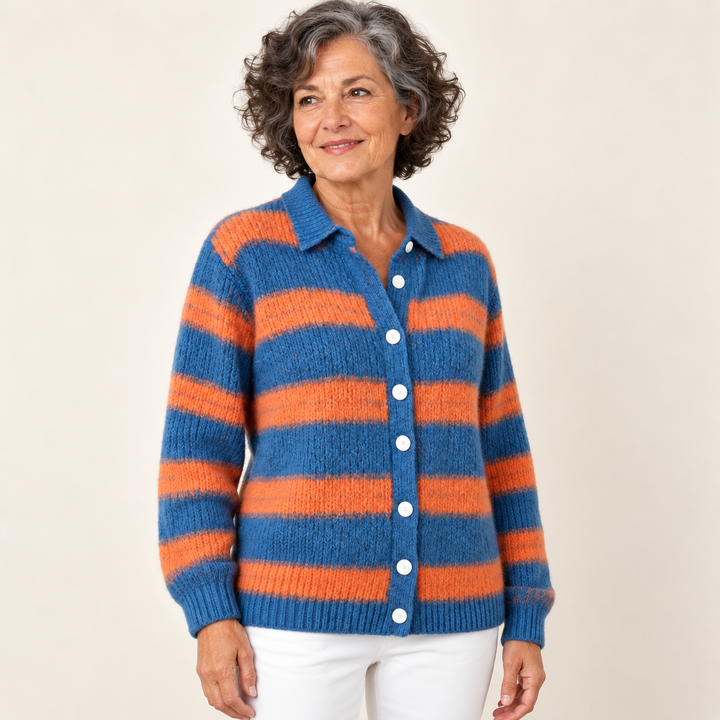 LIRENA striped knit shirt-cardigan worn by a mature British woman in a three-quarter studio view