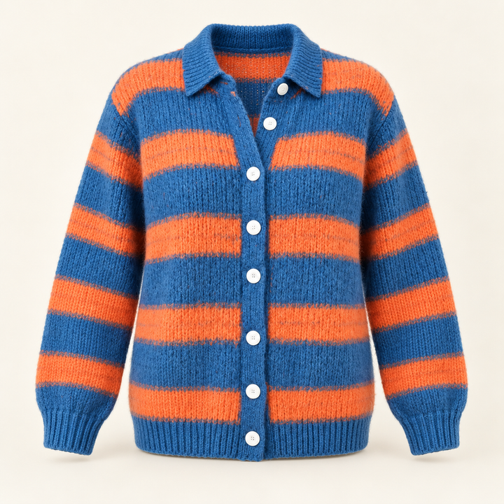 LIRENA striped knit shirt-cardigan isolated product view on a clean warm off-white background