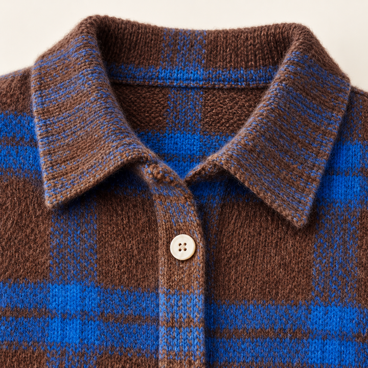 LIZZA checked knit shirt fabric, collar and button finish close-up