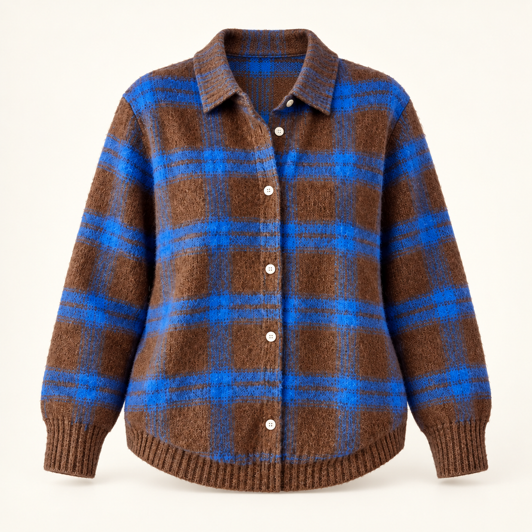 LIZZA checked knit shirt isolated product view on a clean warm off-white background