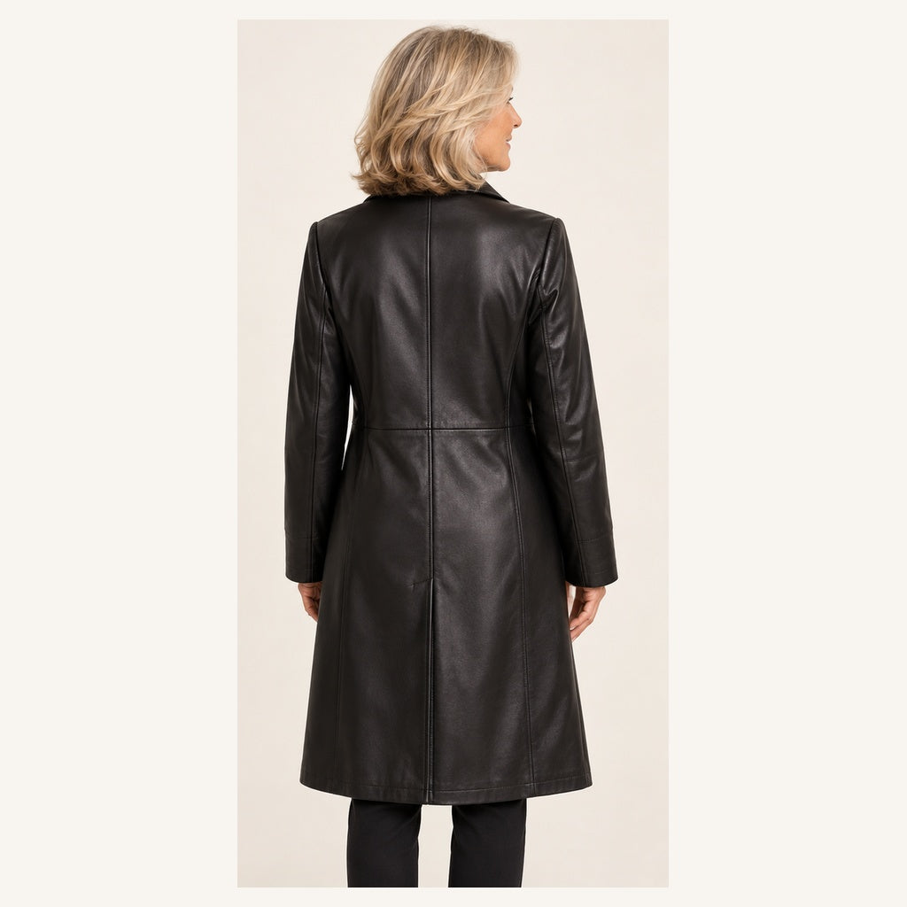 Women's Long Faux Leather Coat with Pockets — senior model — back