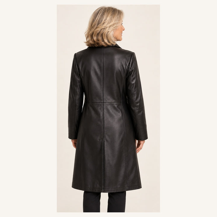 Women's Long Faux Leather Coat with Pockets — senior model — back