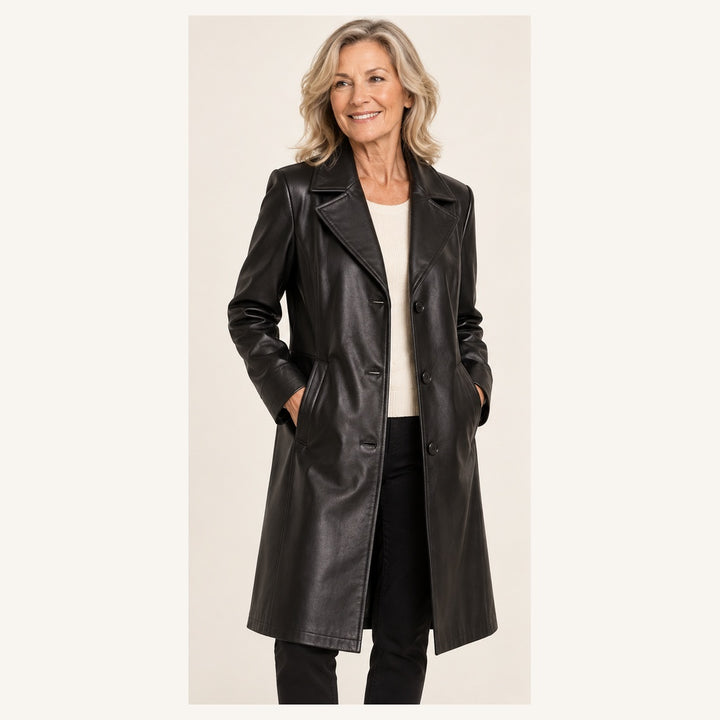 Women's Long Faux Leather Coat with Pockets — senior model — front
