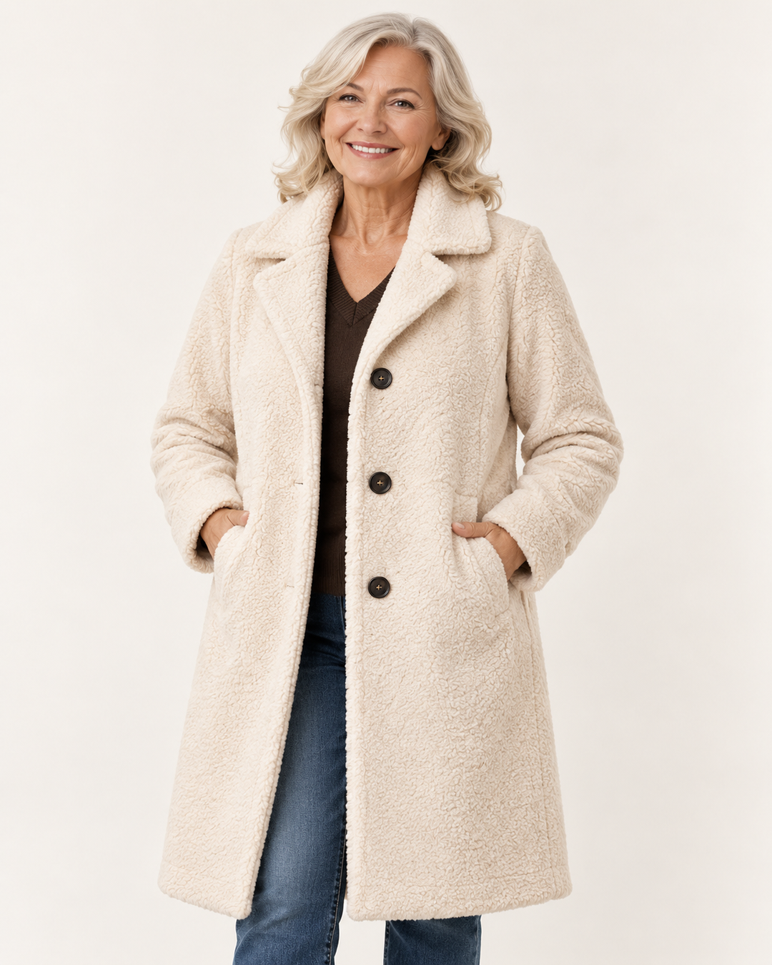Women's Long Teddy Coat — senior model — clean front